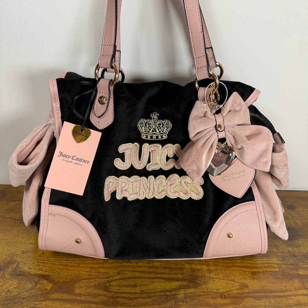 New Juicy Couture American Princess Tote Shoulder Handbag Y2K Bows Black Pink
